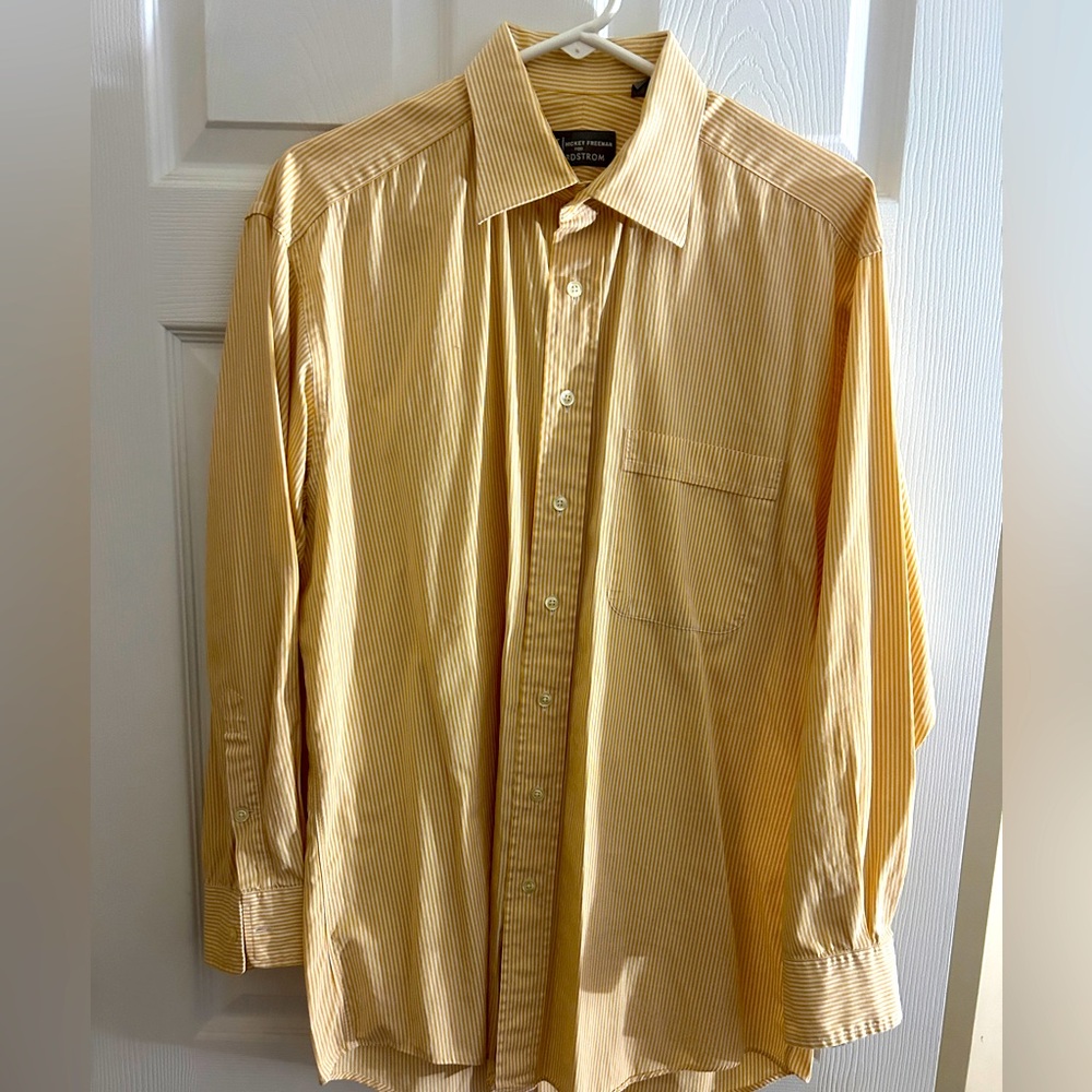Men's Hickey Freeman Size 16 Yellow & White Pinstriped Dress Shirt